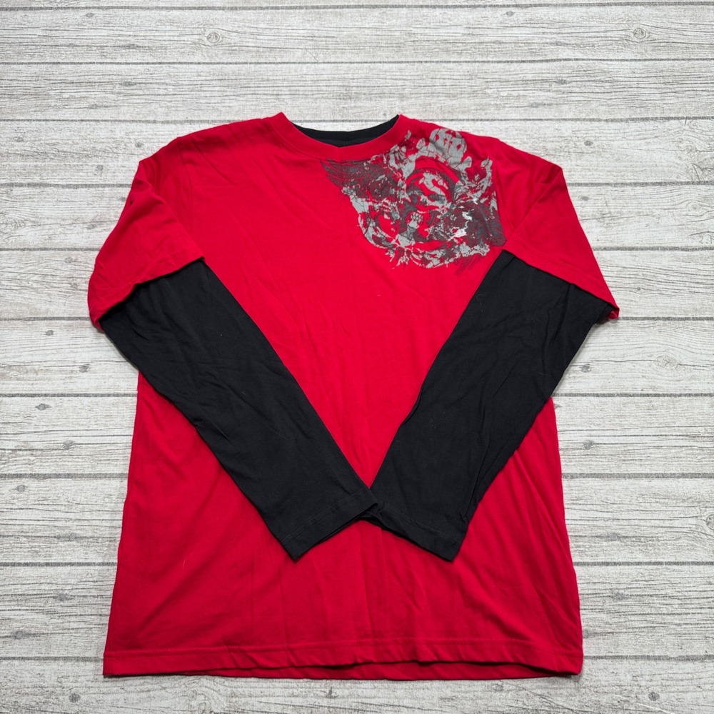 725 Originals T-Shirt Men's XL Red Layered Skull Wing Graphic Long Sleeve Skater